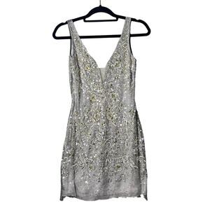 Basix Black Label Dress Women 0 Silver Sleeveless V Neck Sequin Prom Formal READ